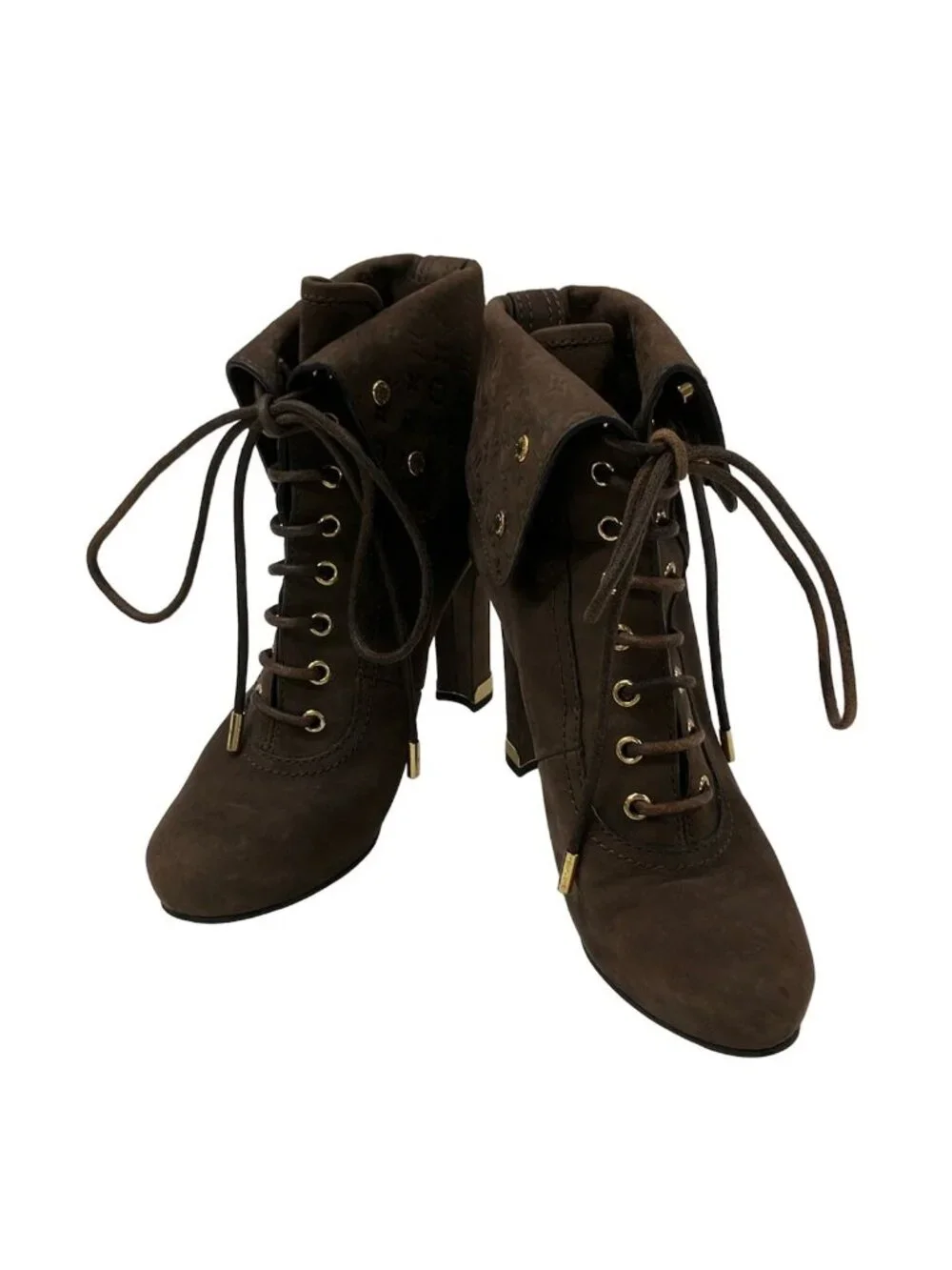 Louis Vuitton Short Boots 37.5 Dark Brown Lace Up Monogram Embossed